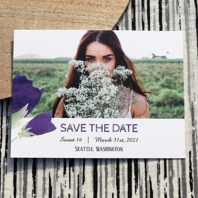 Cartão De Conselho Tulipas roxas Sweet 16 Save the Date Card (Salvar  (Purple sweet 16 save the date postcard, purple tulips with purple stripes)
