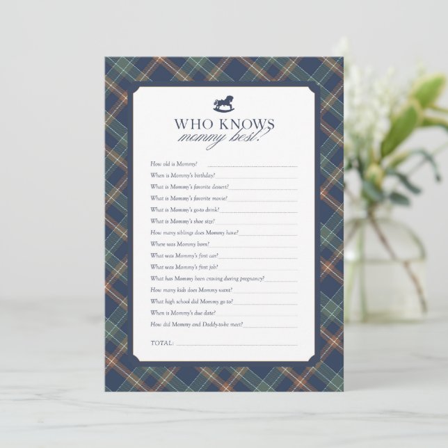 Cartão De Conselho Who Knows Mommy Best Baby Shower Game Navy Plaid (Em pé/Frente)