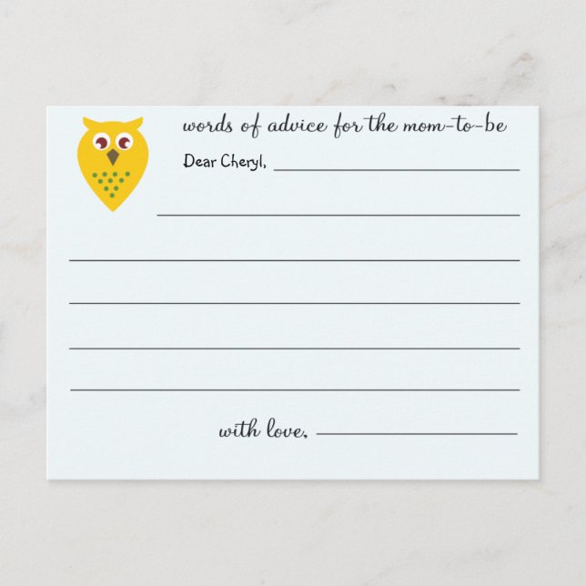 Cartão De Conselho Wise Owl - Chá de fraldas Advice Cards (Frente)