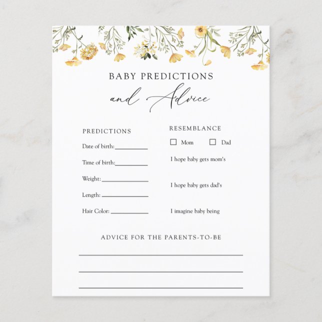 Cartão de Conselhos e Previsões de Bebê Amarelo (Frente)