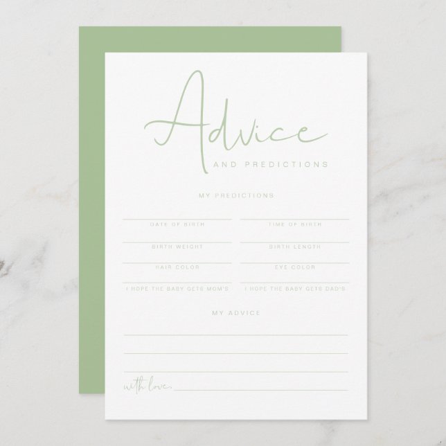 Cartão de conselhos e previsões para bebês verdes  (Frente/Verso)