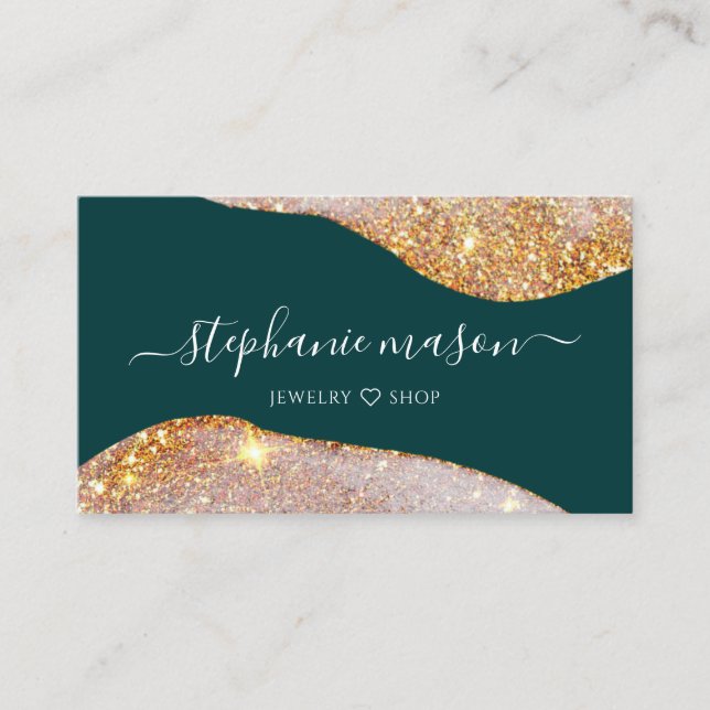 Cartão De Contato Abstrato de Aquarela Dourada com Brilho Verde Únic (Frente)