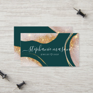 Cartão De Contato Abstrato de Aquarela Verde Brilhante Dourado