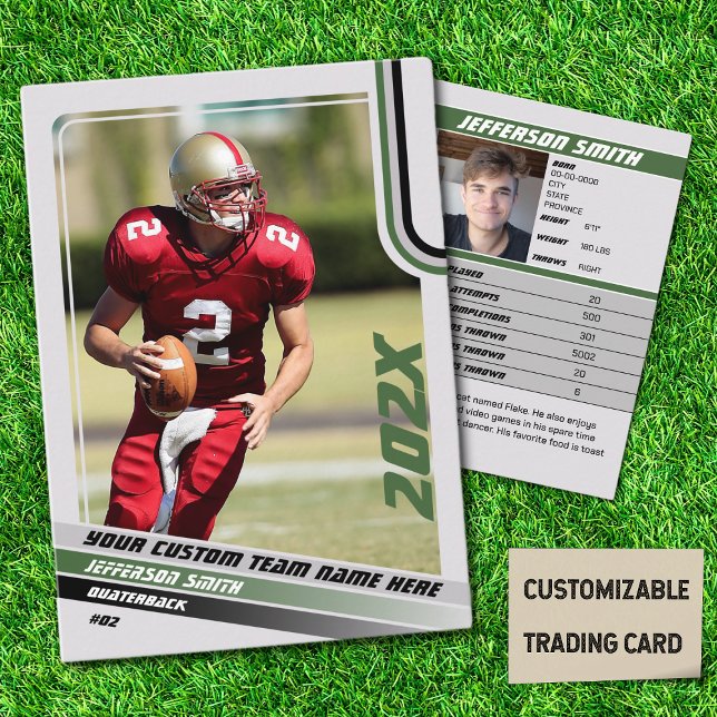 Cartão De Contato American Football Trading Card Custom Gift Green (American Football Player Trading Card in Grey with Custom Team and Player Name with Green Stripes)