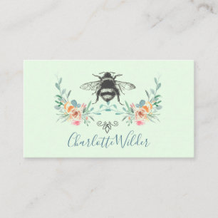 Cartão De Contato Assinatura de Script Personalizada Bee Floral Verd