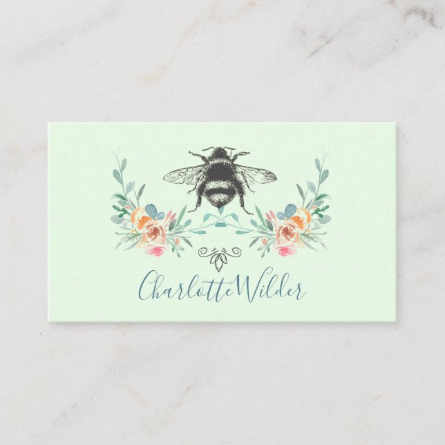 Cartão De Contato Assinatura de Script Personalizada Bee Floral Verd (Frente)