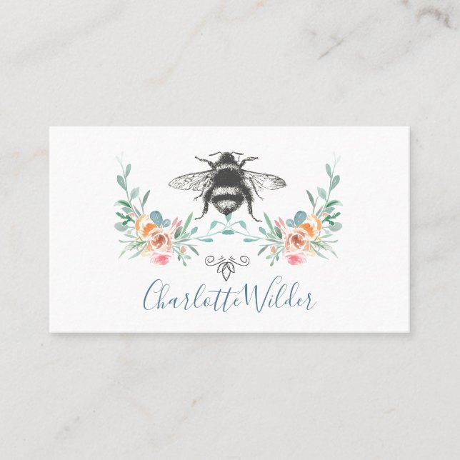 Cartão De Contato Assinatura de Script Personalizada de Bee Floral (Frente)