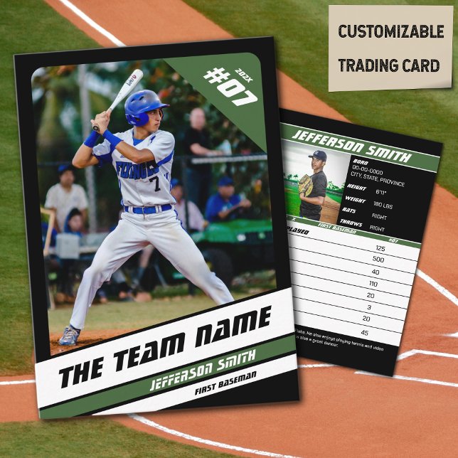 Cartão De Contato Baseball Team Trading Card Sport Gift Green (Baseball Player Trading Card in Black with Custom Team Name and White Green Elements)