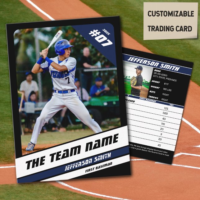 Cartão De Contato Beball Team Trading Card Sport Gift Blue (Baseball Player Trading Card in Black with Custom Team Name and White Blue Elements)