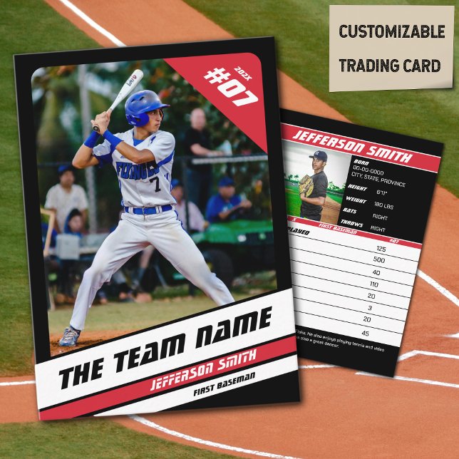 Cartão De Contato Beball Team Trading Card Sport Presente Vermelho (Baseball Player Trading Card in Black with Custom Team Name and White Red Elements)