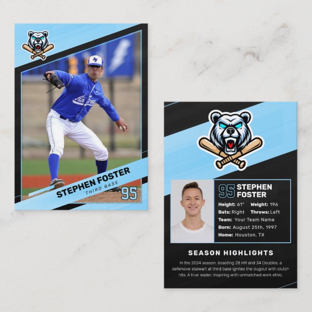 Cartão De Contato Blue & Black Baseball Trading Card, Baseball Card (Frente/Verso)