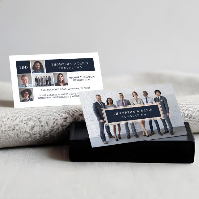 Cartão De Contato Blush Moderno e Azul Marinho Chic Luxo Profissiona (Modern Navy Blue Business Team Photos Collage Grid Calling Card)
