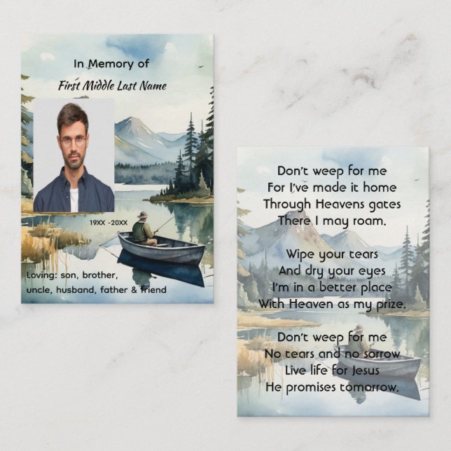 Cartão De Contato Christian Memorial Keepsake Fishing Lake in Boat (Frente/Verso)