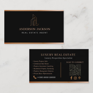 Cartão De Contato Código QR do Agente Imobiliário Luxo Preto Dourado