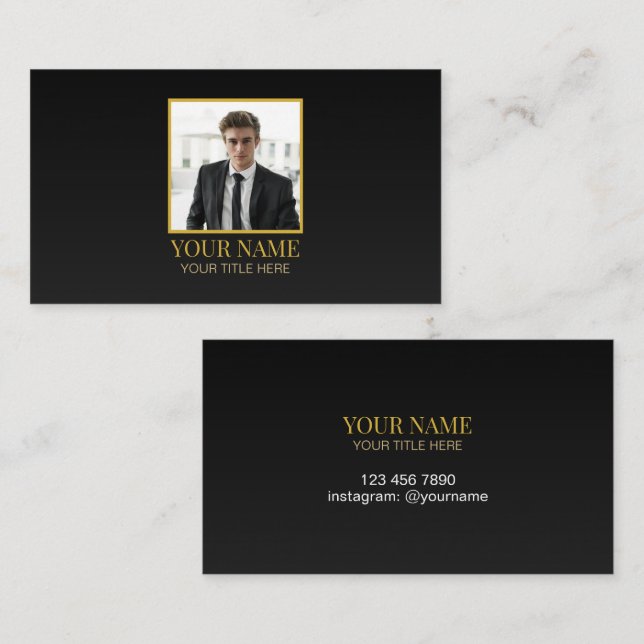 Cartão De Contato Custom All Black and Gold Best Luxury Photo Name (Frente/Verso)