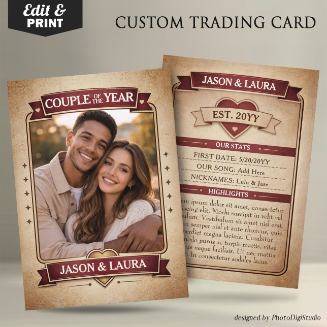 Cartão De Contato Custom Couple Trading Card, Custom Anniversary  (Custom Couple Trading Card, Custom Anniversary Card Vintage Trading Card Couple Keepsake)