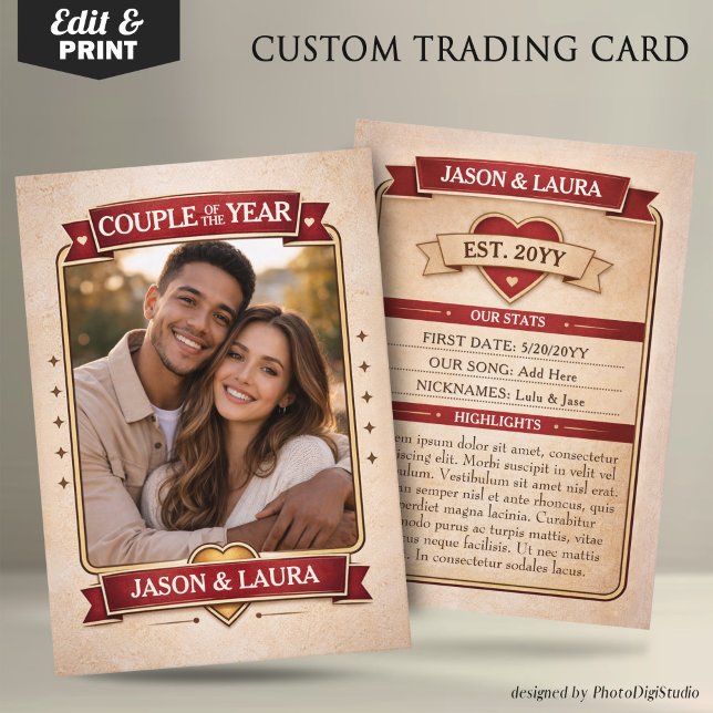 Cartão De Contato Custom Couple Trading Card, Custom Anniversary  (Custom Couple Trading Card, Custom Anniversary Card Vintage Trading Card Couple Keepsake)