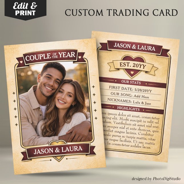 Cartão De Contato Custom Couple Trading Card, Custom Anniversary  (Custom Couple Trading Card, Custom Anniversary Card Vintage Trading Card Couple Keepsake)