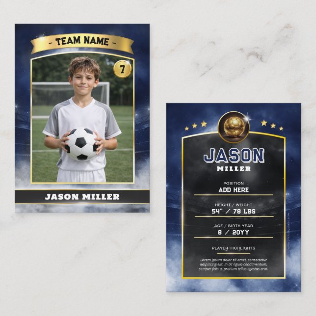 Cartão De Contato Custom Soccer Trading Card, Blue Gold Stadium Call (Frente/Verso)