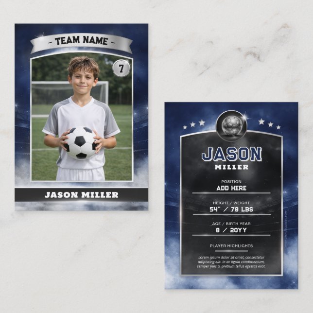 Cartão De Contato Custom Soccer Trading Card, Blue Silver Stadium (Frente/Verso)