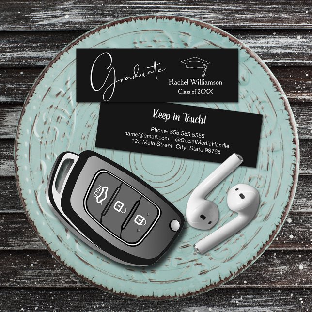 Cartão De Contato Detalhes da Classe de Nome de Graduação Preto (Small black Graduation Calling Cards are 3" x 1", hand out to friends keep in touch )