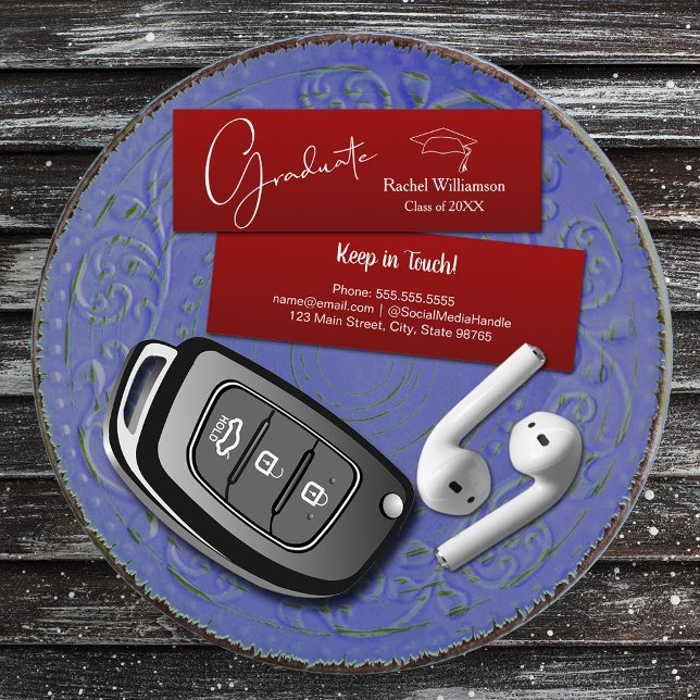 Cartão De Contato Detalhes da Classe de Nome de Graduação Vermelho C (Small cardinal red Graduation Calling Cards are 3" x 1", hand out to friends keep in touch)