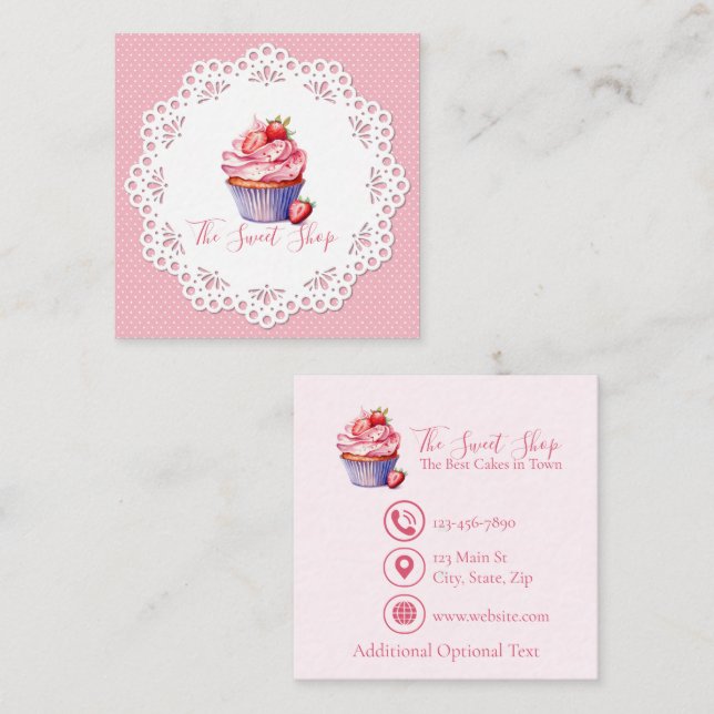 Cartão De Contato Editable Pink Bakery Business Card | 2.5" Square (Frente/Verso)