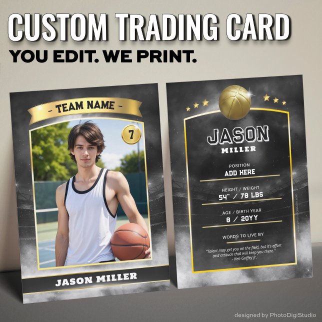 Cartão De Contato Estádio Dourado de Negociação de Basquete Personal (Custom Trading Card, Editable Basketball Trading Card, Modern Black Gold Stadium Design)