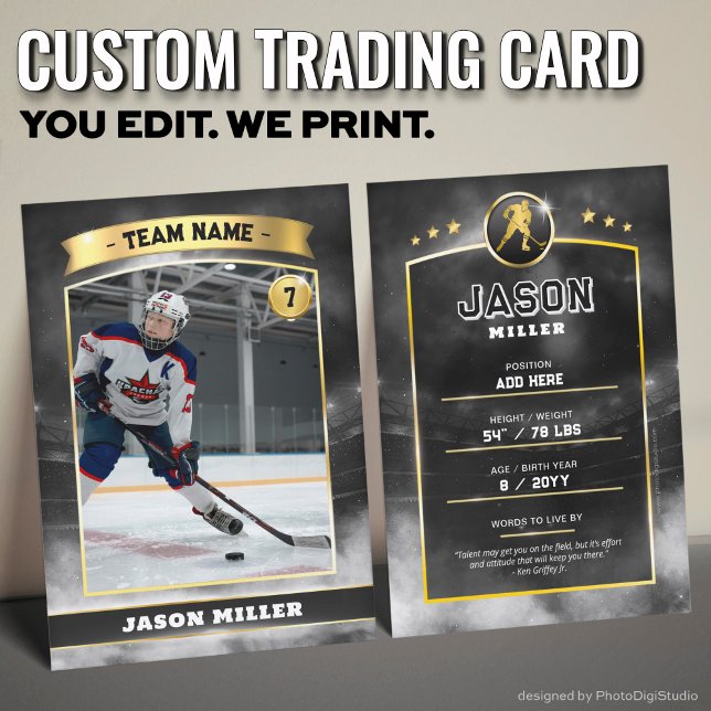 Cartão De Contato Estádio Dourado de Negociação de Hóquei em Gelo Pe (Custom Trading Card, Editable Ice Hockey Trading Card, Modern Black Gold Stadium Design)