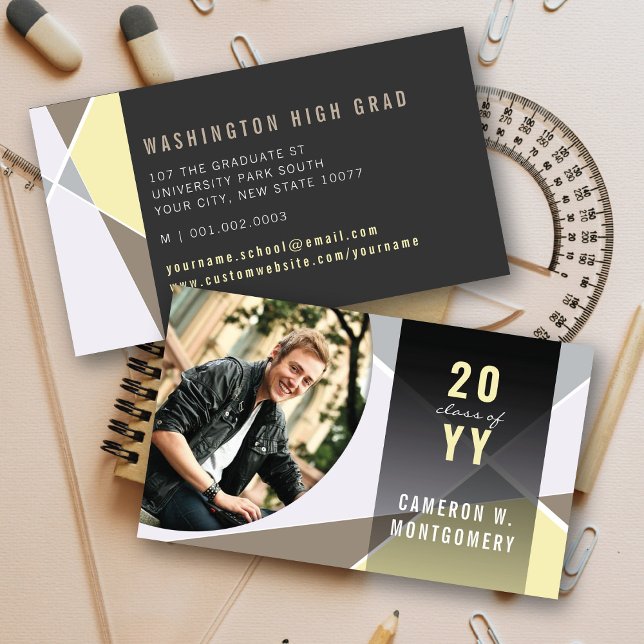 Cartão De Contato Formando de Fotografia do Mod das Linhas Geométric (Neutral Stylish Geometric Criss Cross Photo Graduation Calling/Name Card @ zazzle.com/color_therapy)