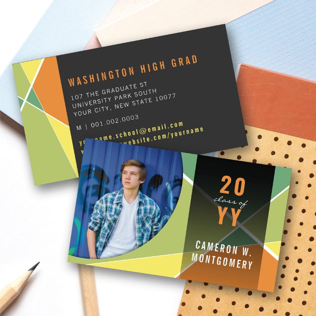 Cartão De Contato Formando de Fotos do Mod das Linhas Geométricas do (Citrus Stylish Geometric Criss Cross Photo Graduation Calling / Name Card @ zazzle.com/color_therapy)