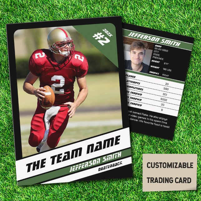 Cartão De Contato Futebol Team Trading Card Esporte Gift Idea Green (American Football Player Trading Card in Black with Custom Team Name with Green Stripes
)