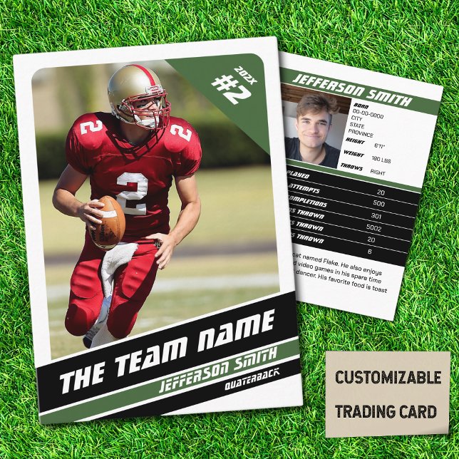 Cartão De Contato Futebol Team Trading Card Esporte Oferece Ideia Ve (American Football Player Trading Card in White with Custom Team and Player Name with Green Stripes
)