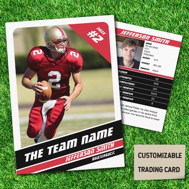 Cartão De Contato Futebol Team Trading Card Esporte Oferta Idea Red (American Football Player Trading Card in White with Custom Team and Player Name with Red Stripes
)