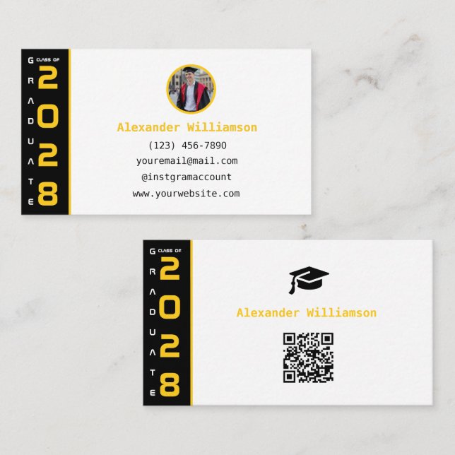 Cartão De Contato Graduation Yellow Black QR Code Modern Graduation (Frente/Verso)