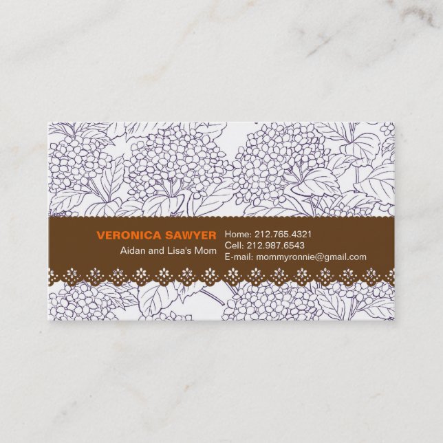 Cartão De Contato Hydrangea azul com perfil do laço/cartão das (Frente)