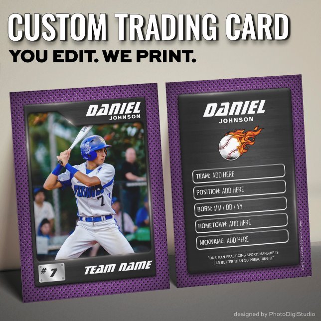 Cartão De Contato Jogador de beisebol com Placa de Comércio de Beise (Custom Baseball Trading Card, Modern Purple Player Card)