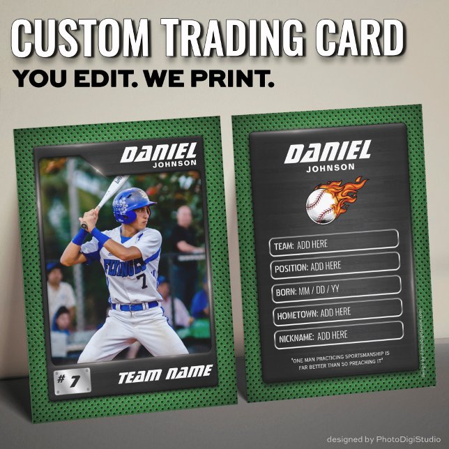 Cartão De Contato Jogador de beisebol Verde Prata (Custom Baseball Trading Card, Modern Green Player Card)