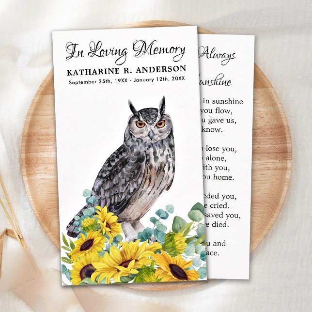 Cartão De Contato Memorial Funeral Prayer Card Owl Sunflower Floral (Criador carregado)