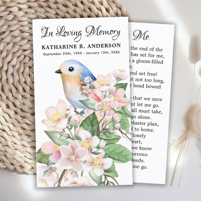 Cartão De Contato Memorial Poem Funeral Prayer Card Bird Floral (Criador carregado)