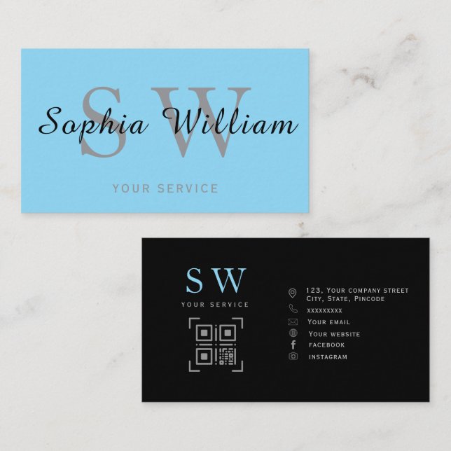 Cartão De Contato monograma azul e preto mínimo Negócios modernos (Frente/Verso)