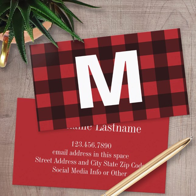 Cartão De Contato Monograma do Padrão Rustic Red & Black Buffalo Xad (Custom Business Card)