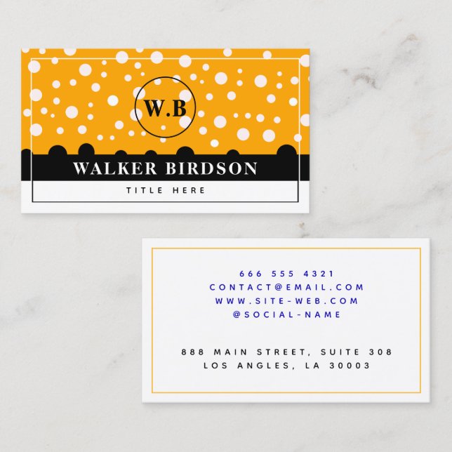Cartão De Contato Monograma Laranja Preto Branco Elegante Inicial (Frente/Verso)
