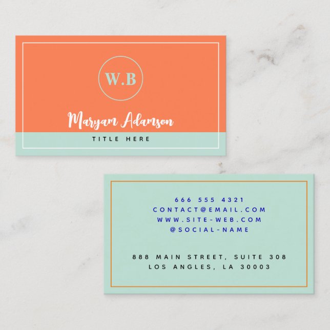 Cartão De Contato Monograma Personalizado de Ponta e Coral (Frente/Verso)
