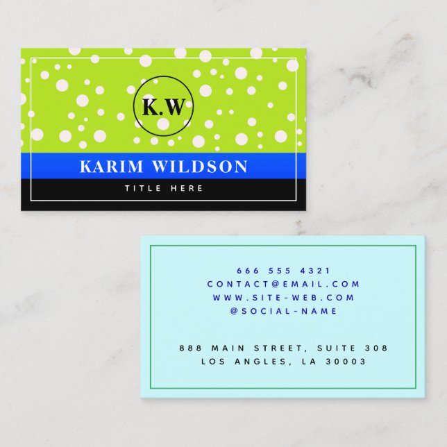 Cartão De Contato Monograma Verde Preto Azul Elegante Inicial (Frente/Verso)