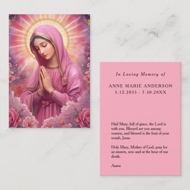 Cartão De Contato Pink VIrgin Mary Memorial Card (Frente/Verso)