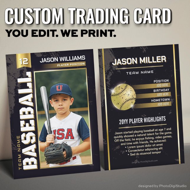 Cartão De Contato Placa Comercial Personalizada de Baseball, Placa J (Custom Baseball Trading Card, Gold Power Player Card)