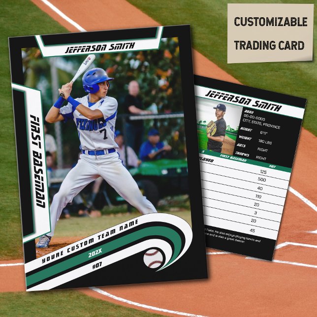 Cartão De Contato Placa de Comércio de Beisebol Verde Livremente (Baseball Player Trading Card in Black with Custom Team Name and White Green Elements)