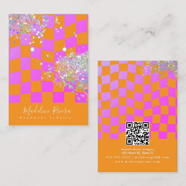Cartão De Contato Placa de exibição Neon Orange Pink Earring (Frente/Verso)