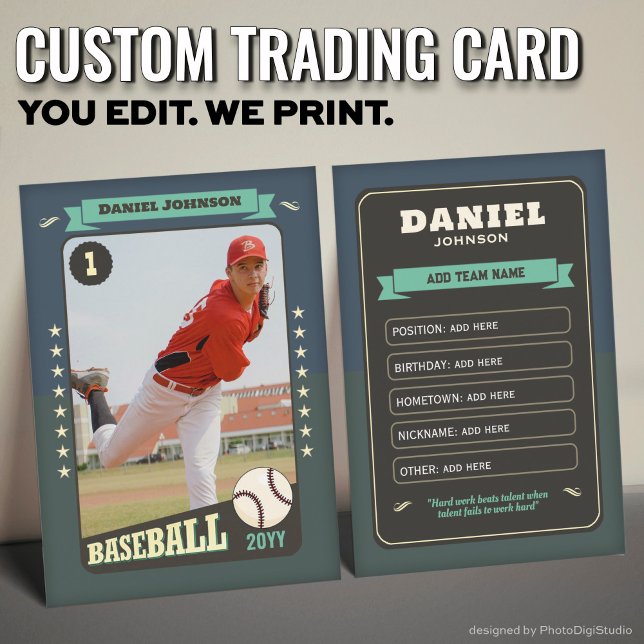 Cartão De Contato Placa de Jogador de Placa de Negociação com Baseba (Custom Baseball Trading Card, Teal Retro Player Card)